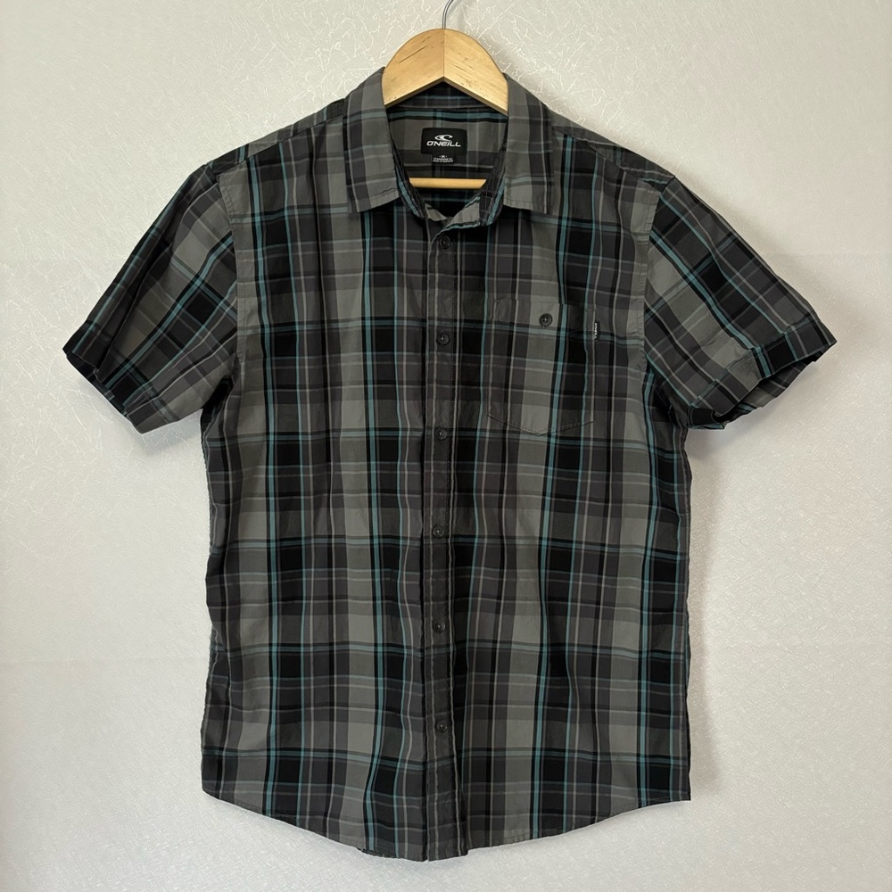 O'Neill 100% Cotton Black/Gray/Blue Plaid Short Sleeve Button Down Shirt Men's M